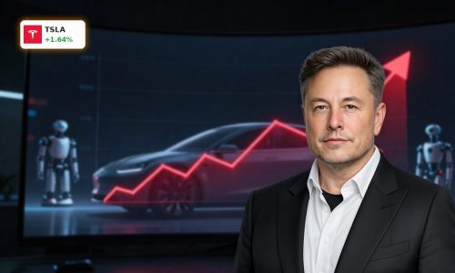 Tesla Earnings beat with TSLA stock chart rising amid AI and robotaxi ambitions