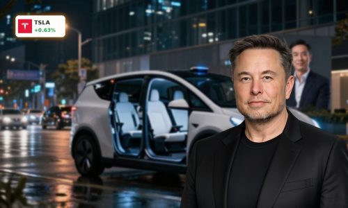 Tesla Robotaxi concept car in a futuristic city street at night