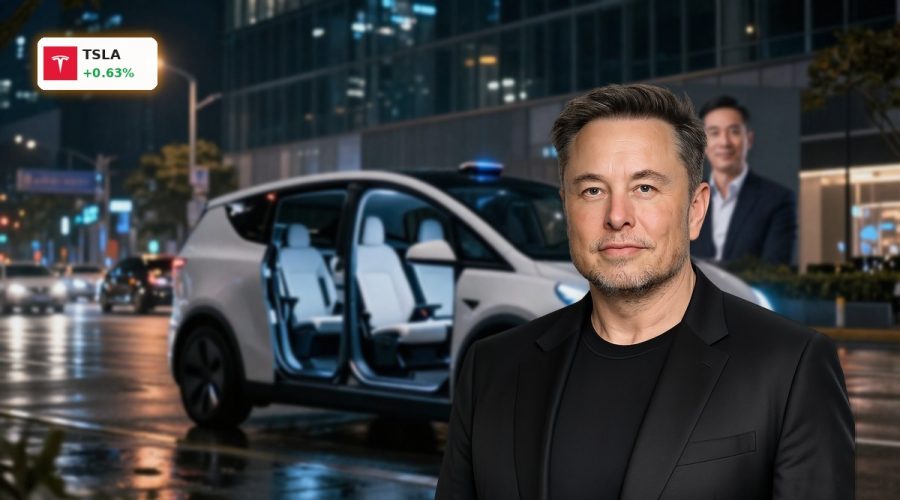 Tesla Robotaxi concept car in a futuristic city street at night