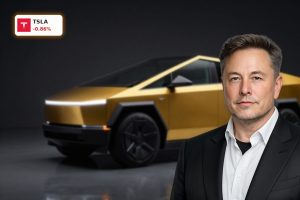 Tesla Cybercab glossy gold two-seat robotaxi without steering wheel in studio lighting