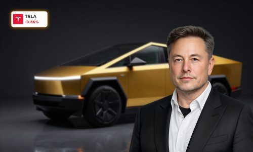 Tesla Cybercab glossy gold two-seat robotaxi without steering wheel in studio lighting