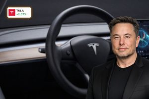 Tesla Compensation spotlighted with luxury car interior and AI-themed financial reflections