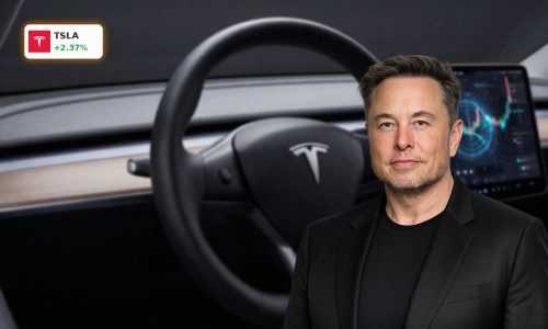 Tesla Compensation spotlighted with luxury car interior and AI-themed financial reflections
