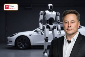 Tesla Robotics Strategy humanoid robot concept beside EV in high-tech factory