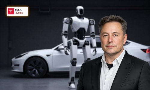 Tesla Robotics Strategy humanoid robot concept beside EV in high-tech factory