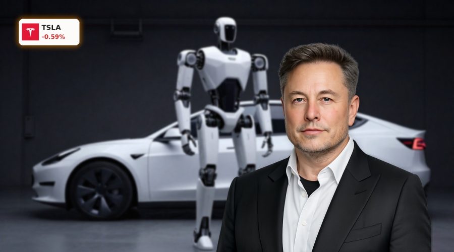 Tesla Robotics Strategy humanoid robot concept beside EV in high-tech factory