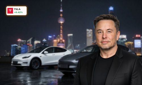 Tesla China EV lineup in front of Shanghai skyline amid robotaxi and demand uncertainty