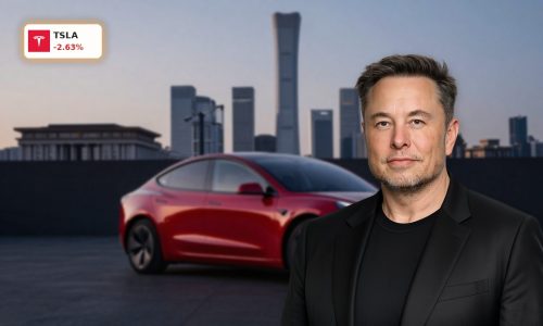 Tesla China Talks spotlight a Tesla sedan against Beijing skyline and political backdrop