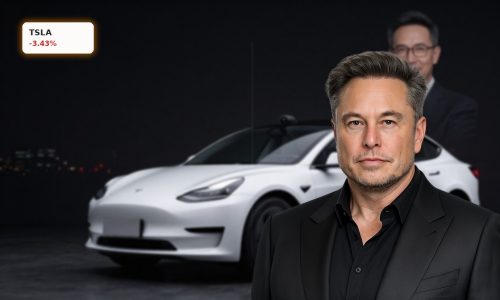 Tesla Robotaxi autonomous vehicle in cinematic lighting as TSLA stock reacts to new rollout timeline