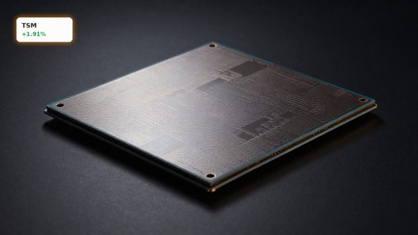 TSMC AI Strategy highlighted through advanced AI semiconductor wafer and chip packaging on dark background