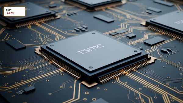TSMC Earnings: A highly detailed silicon wafer with advanced 3nm microchips under cinematic studio lighting.