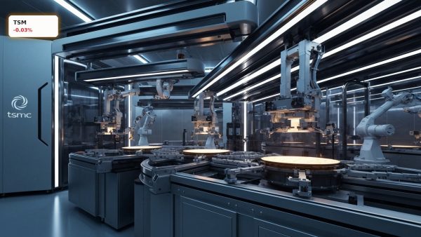 A high-tech semiconductor cleanroom processing silicon wafers, highlighting TSMC Earnings and huge CapEx plans.