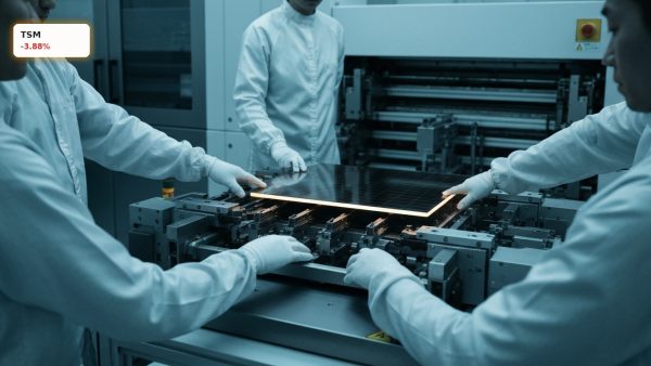 Semiconductor cleanroom with robotic arms and silicon wafers during the TSMC Earthquake market disruption.