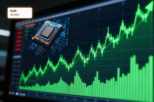 Stylized stock chart surging amid AI chip visuals, illustrating Taiwan Semiconductor Earnings strength and options yield risk.
