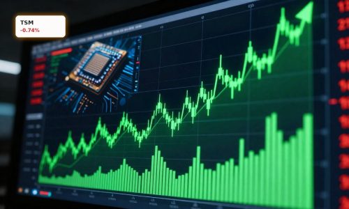 Stylized stock chart surging amid AI chip visuals, illustrating Taiwan Semiconductor Earnings strength and options yield risk.