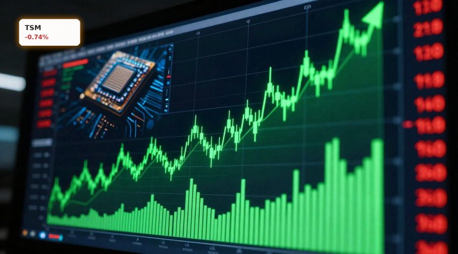 Stylized stock chart surging amid AI chip visuals, illustrating Taiwan Semiconductor Earnings strength and options yield risk.