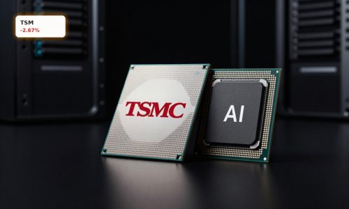 TSMC AI Demand reflected in premium AI chips and silicon wafers under dramatic lighting