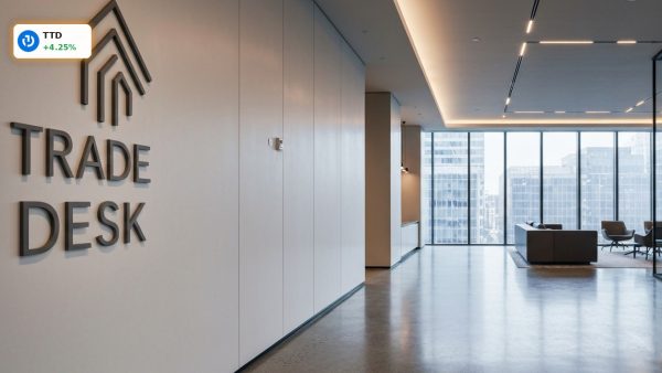 Modern corporate office lobby featuring The Trade Desk logo on the wall for Trade Desk Director Appointment.