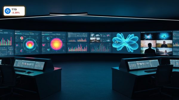 The Trade Desk AI digital advertising control room with glowing data screens