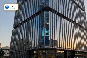 The Trade Desk AI Strategy spotlighted at a modern adtech headquarters amid market turmoil