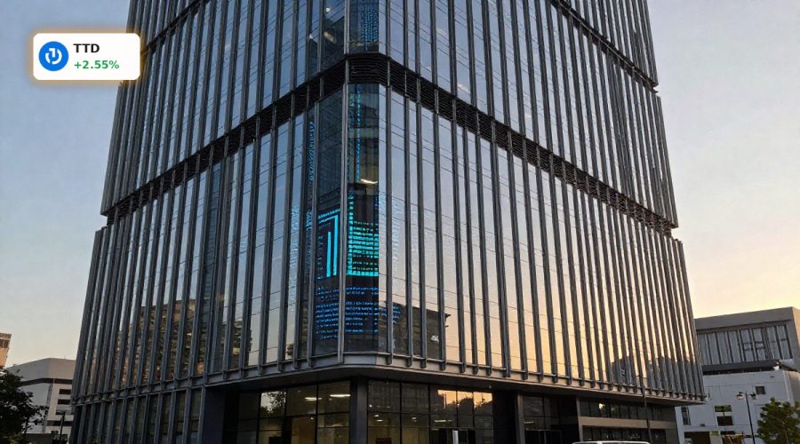 The Trade Desk AI Strategy spotlighted at a modern adtech headquarters amid market turmoil