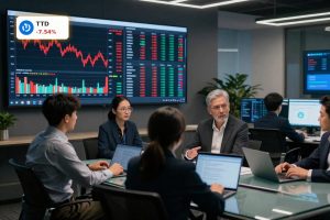 Digital ad-tech trading floor during The Trade Desk controversy with stock plunge and tense analysts