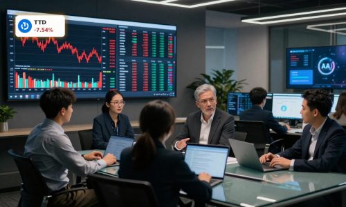 Digital ad-tech trading floor during The Trade Desk controversy with stock plunge and tense analysts