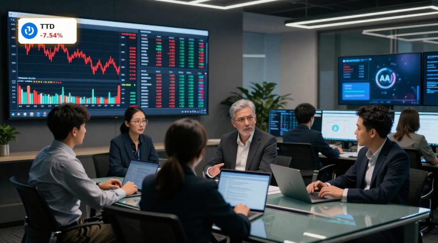 Digital ad-tech trading floor during The Trade Desk controversy with stock plunge and tense analysts