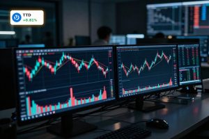 The Trade Desk Analysis visualized by a volatile stock chart on trading screens in a modern office.