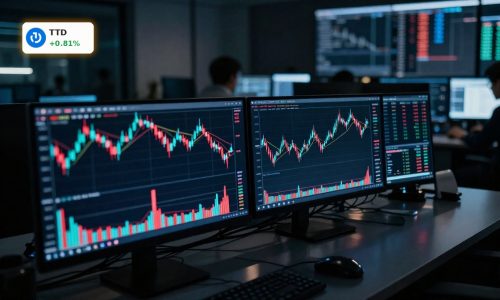 The Trade Desk Analysis visualized by a volatile stock chart on trading screens in a modern office.