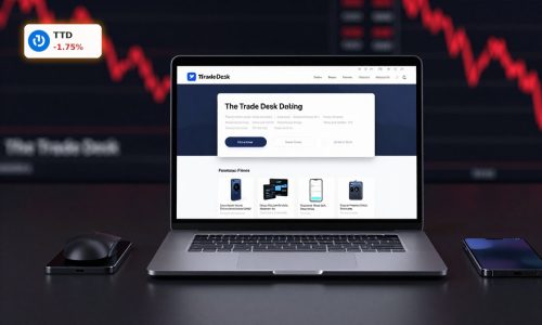 The Trade Desk Earnings reaction visualized with ad-tech platform and falling stock trend