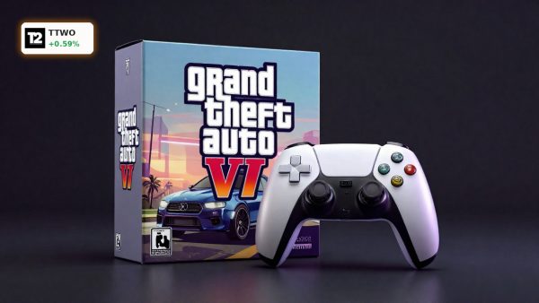 Take-Two GTA VI Launch themed game packaging and controller on dark cinematic background