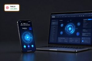 Twilio Earnings optimism reflected by premium Twilio app interface with AI data visuals on devices