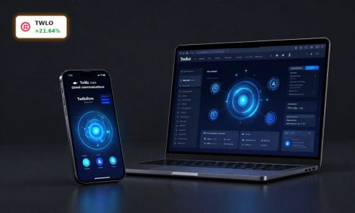 Twilio Earnings optimism reflected by premium Twilio app interface with AI data visuals on devices