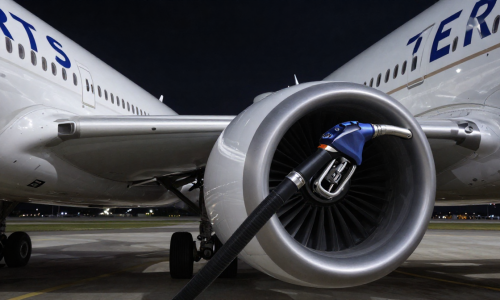 United Airlines Oil Shock visualized by jet fuel hose connected to aircraft engine, symbolizing rising fuel costs and margin pressure