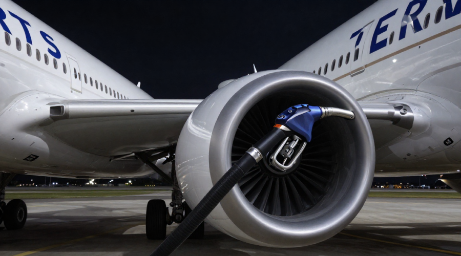United Airlines Oil Shock visualized by jet fuel hose connected to aircraft engine, symbolizing rising fuel costs and margin pressure