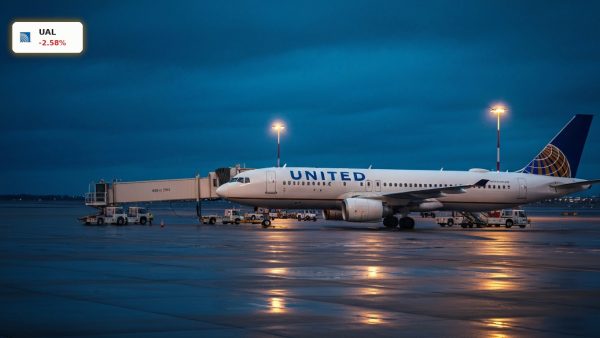 United Airlines jet at terminal gate under dramatic dusk lighting for United Airlines Earnings report.
