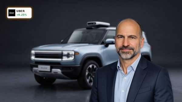 Uber Robotaxi autonomous electric SUV with lidar sensors in dramatic studio lighting on a dark background