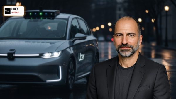 A self-driving car with lidar sensors on a city street, illustrating Uber autonomous driving technology.