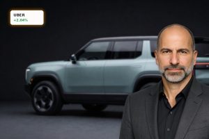 Uber Robotaxi Deal concept EV fleet with Rivian-style autonomous cars