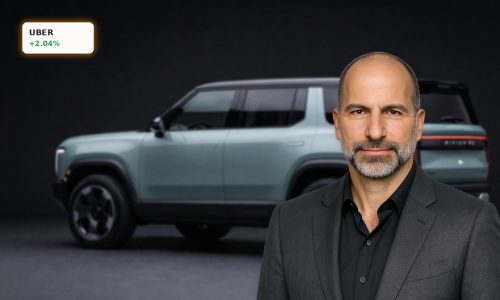 Uber Robotaxi Deal concept EV fleet with Rivian-style autonomous cars