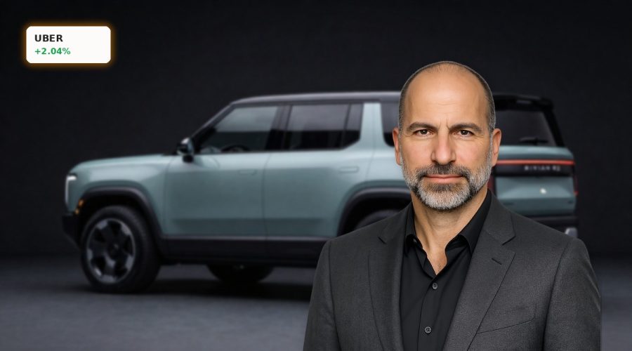Uber Robotaxi Deal concept EV fleet with Rivian-style autonomous cars