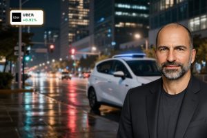 Night city rideshare scene illustrating bullish Uber Forecast and robotaxi-driven upside.