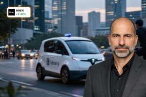 Uber Delivery Hero Acquisition visualized with robotaxi and courier in a European city