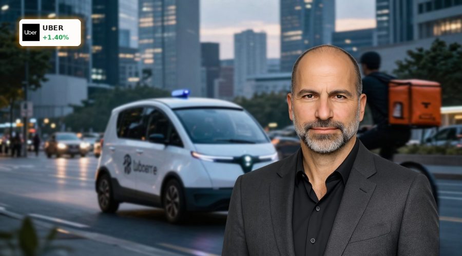 Uber Delivery Hero Acquisition visualized with robotaxi and courier in a European city