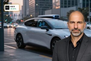 Futuristic electric Uber Lucid Robotaxi EV waiting at city curb at dusk