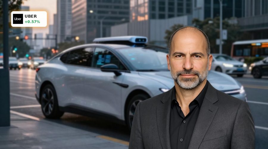 Futuristic electric Uber Lucid Robotaxi EV waiting at city curb at dusk