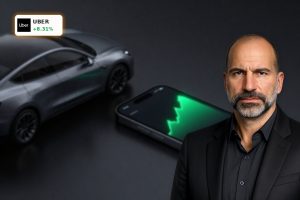 Uber Earnings optimism reflected by Uber app phone and model car with bullish stock market glow