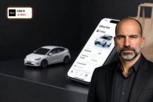 Uber Earnings spotlight with smartphone app, robotaxi model and delivery bag symbolizing record Q1 results