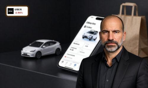 Uber Earnings spotlight with smartphone app, robotaxi model and delivery bag symbolizing record Q1 results